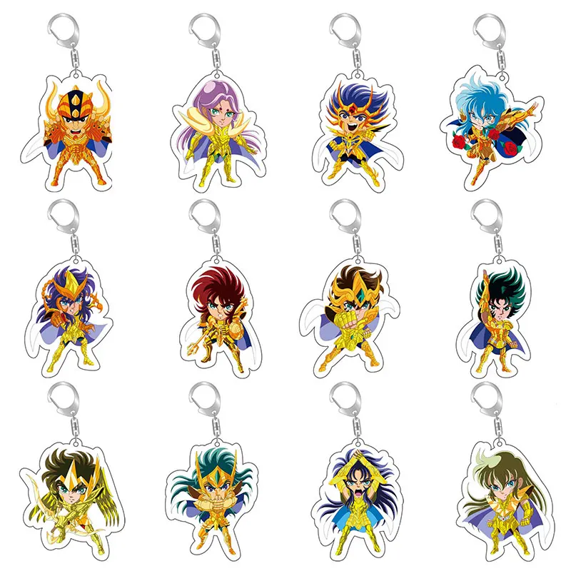 Fashion Cartoon Anime 12 Saint Seiya Keychain Acrylic Double Sided Transparent key Chain Ring Accessories Jewelry For Fans Gifts