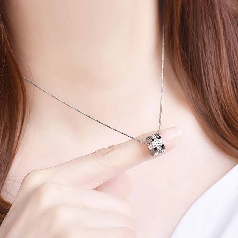 New Fashion 925 Sterling Silver Rotatable Round Zircon Pendant Neckalces Women Jewelry Elegant Rose Gold Chain Rhinestone Choker