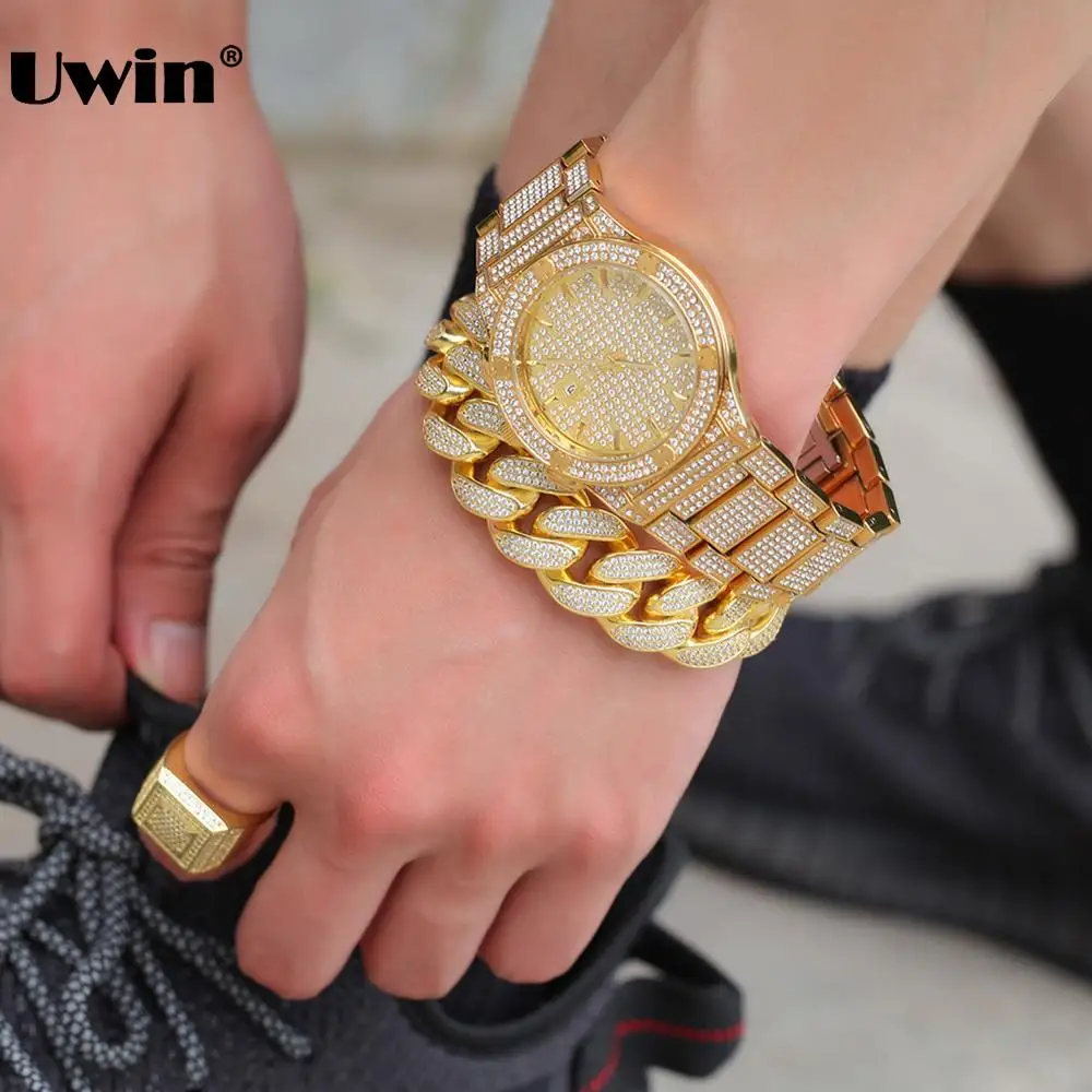 

UWIN Fashion Jewelry Quartz Watch With CZ for Men Iced Out Cubic Zirconia Watches Stainless Steel Belt Hiphop Accessories