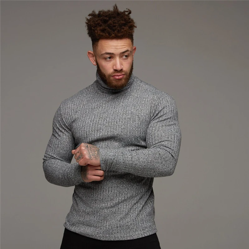 

New Autumn Winter Turtleneck Sweater Men Fashion Solid Stripe Knitted Sweaters Mens Casual Slim Pullover Male Double Collar Tops