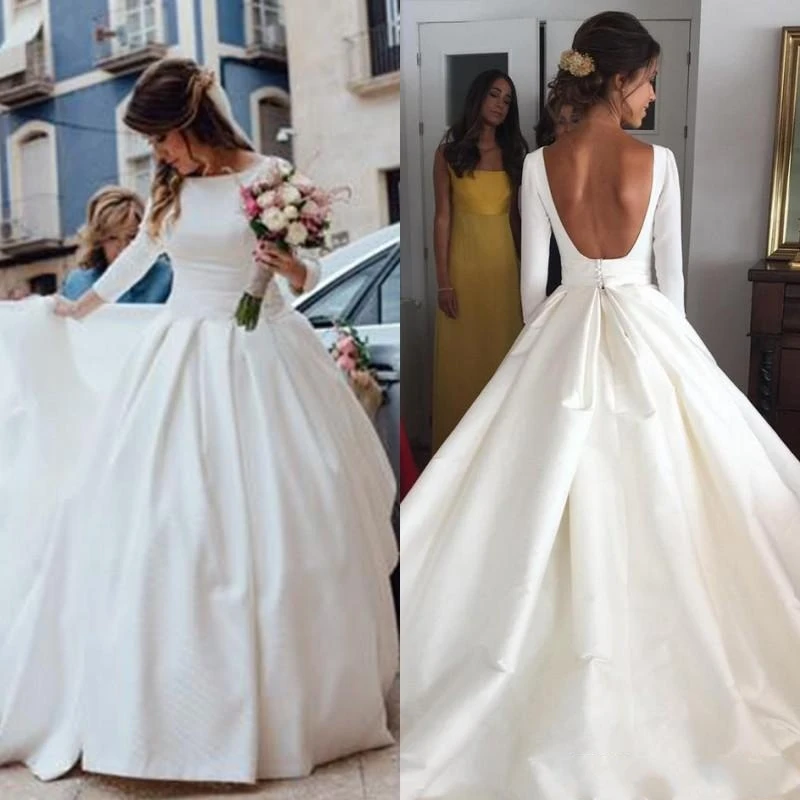 

Simple Cheap Wedding Dresses New Fashion Satin A Line Long Sleeves Backless Wedding Dress Sexy Bridal Gowns