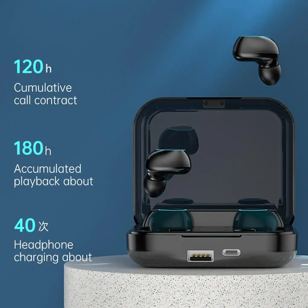 Bluetooth-compatibility Earbuds Waterproof In-Ear Charging Box Portable Earphone with Microphone Black Small screen