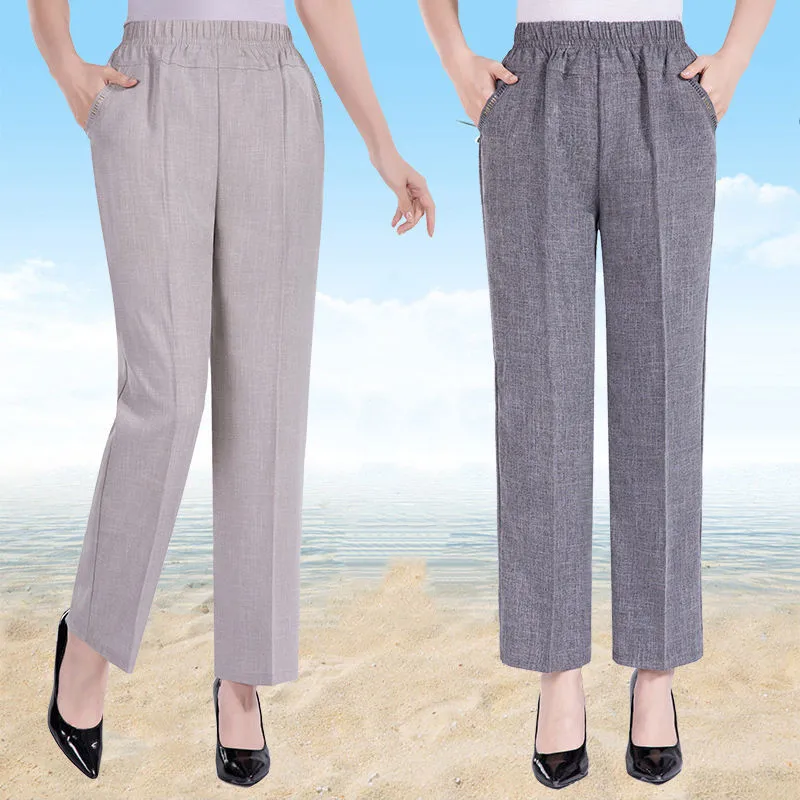 

6XL Women's Trousers New Summer Elastic High Waist Straight Pants Middle-aged Elderly Casual Cotton Linen Pants W2341