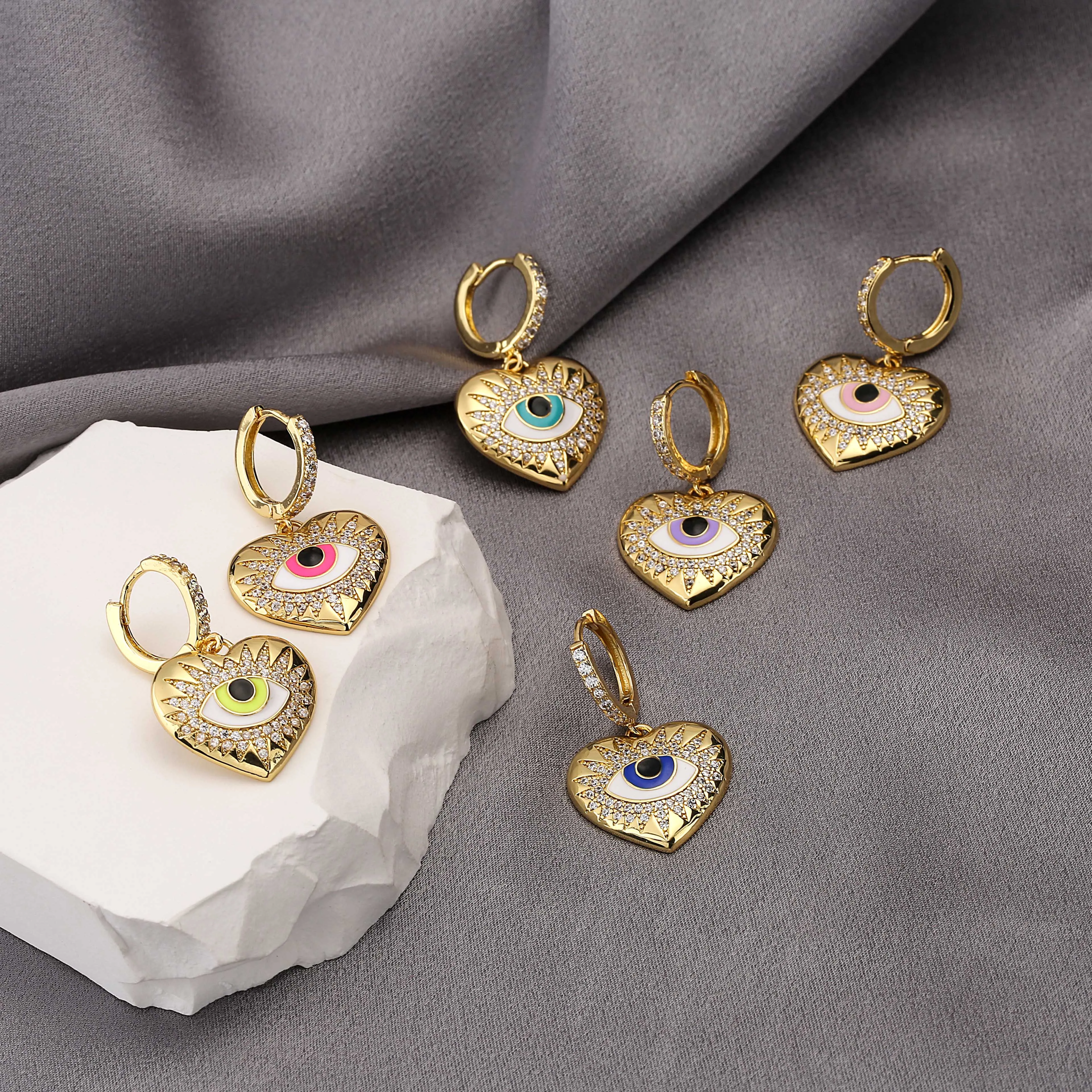 HECHENG，1 pair,Rainbow Color cz Heart Evil Eyes Earrings,Elegant Lucky Eyes for Women,Fashion Jewelry Wholesale