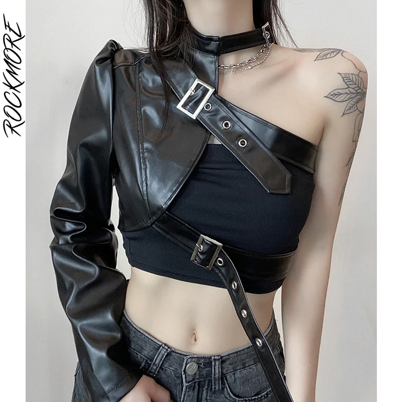 Rockmore Punk Style PU Leather Pullover Jackets Women One Shoulder Off Gothic Top Hip Hop Streetwear Sweatshirts Femme Autumn