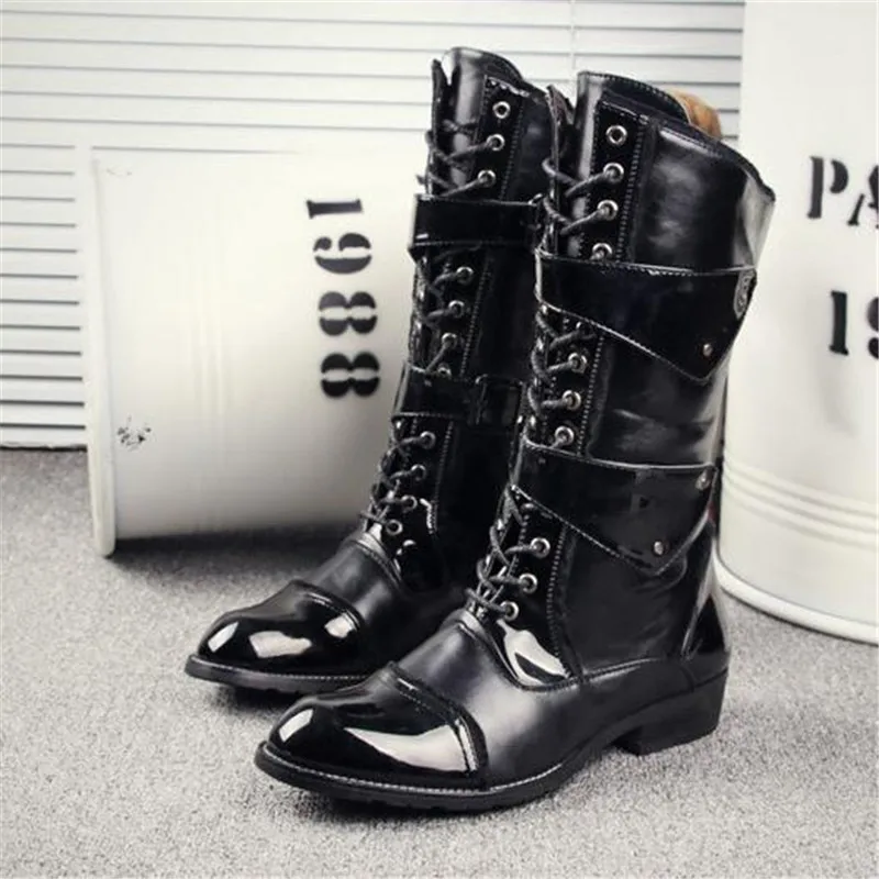 4.5cm Mens Knight Boots  Mid Leg Patent Leather Boots Long  Man Waterproof Work SHoes Male  Motorcycle boots