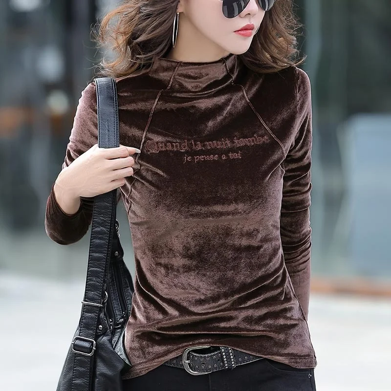 #0321 Autumn Winter Long Sleeve T Shirt Women Pleuche Slim Casual Basic T Shirt Female Embroidery Letter Velvet Solid Color Warm