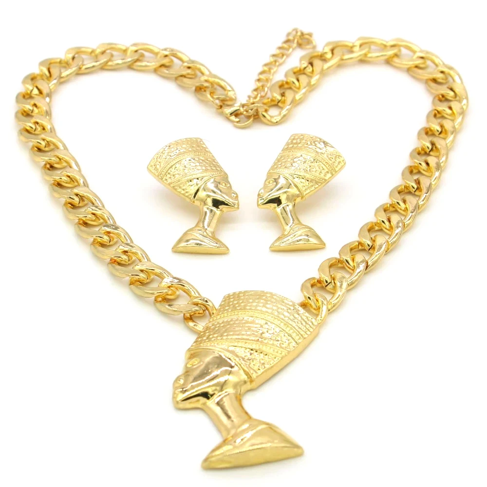 Adixyn Egyptian Queen Jewelry Set Necklace Pendant Gold Color Thick Chain Earrings Africa Wedding Dubai Jewellery Chokers