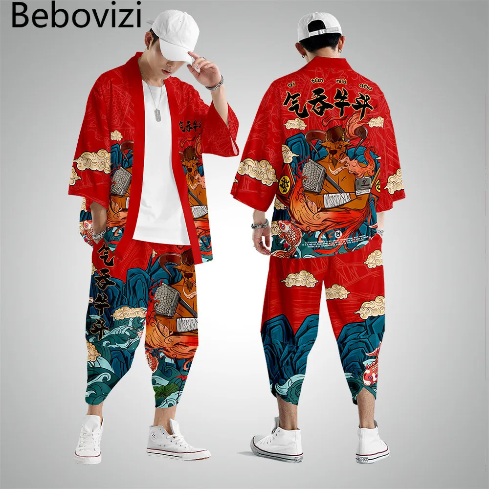 Styl japoński Kimono zestaw spodni mężczyzn Cosplay tradycyjny samuraj tajski Harem spodnie Harajuku Streetwear Vintage męskie spodnie