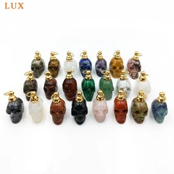 Natural Gemstone Skull Pendant, Crystal Perfume Bottle Essential Oil Diffuser Vial, Stone Handmade Carvings Malachite Amethyst
