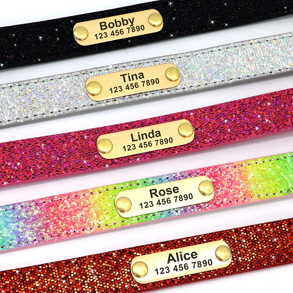 Bling Sequins Anti-Lost Dog ID Collar, Coleiras com nome personalizado, Tag gravado, Colar, Cães e gatos de pequeno e médio porte