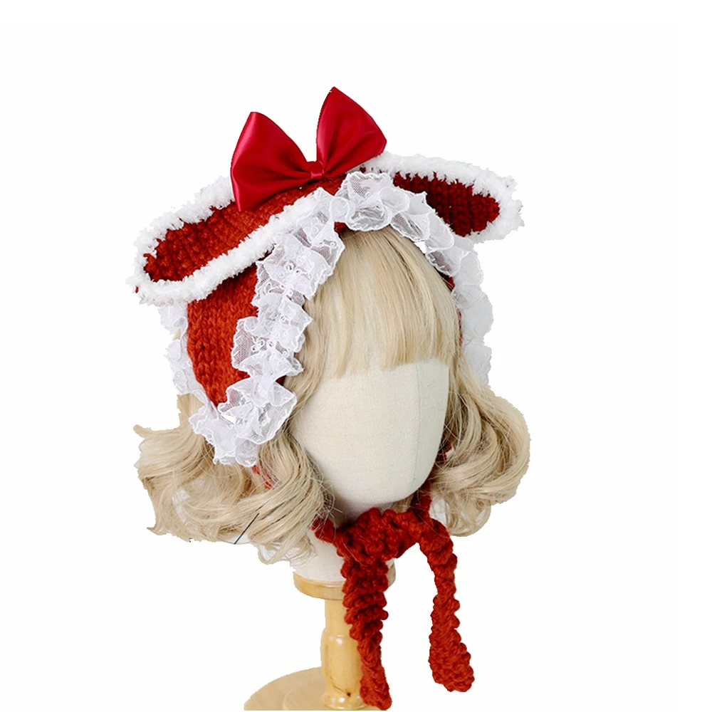 Lolita Girl Cute Big Bow Lace Trim Sweet Handmade Knitted Hat Mori Girl Warm Cap