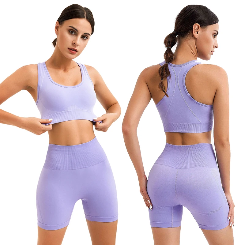 2Pcs Women Gym Set Fitness Tight Yoga Shorts Suit Seamless Sports Bra High Waist Biker Shorts Workout Outfit Set Fitness Wear