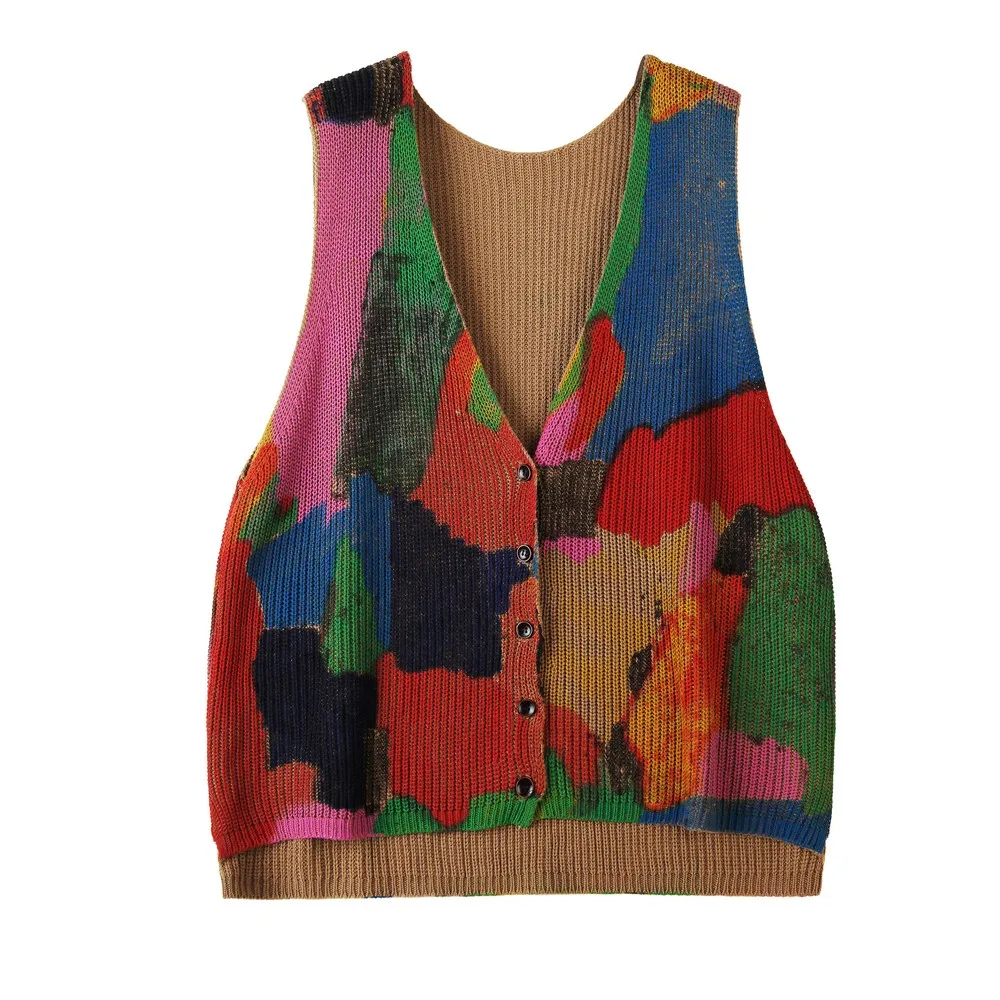 Nice Sleeveless Patchwork Orange Retro Vintage Knitted Oversized Woman Vest Top Sweaters Clothes Streetwear