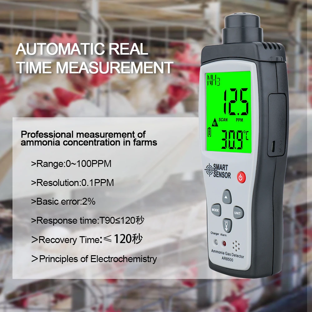 Imagem -02 - Amônia Detector de Gás com Sensor Inteligente Gás Analyzer Medidor Tester Monitor de Qualidade do ar Handheld 0100ppm Sound Light Alarm Nh3 Ar8500
