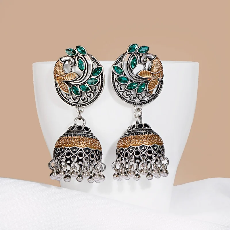 Ethnic Women\'s Blue Peacock Earrings Turkey Bijoux Vintage Bollywood Silver Color Bell Tassel Earrings Tribe Indian Jewelry