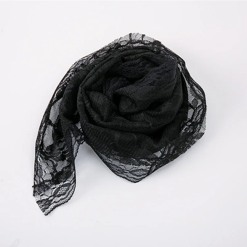 Embroidered Scarf for Church Semicircle Polyester Shawl Sheer Floral Solid color Women Wrap Neckerchief Spanish Mantilla Lace