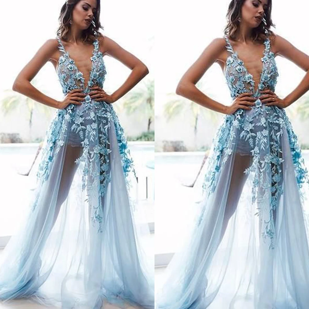 blue prom dresses 2020 v neck hand made flowers  3d flowers a line tulle floor length long evening dresses gowns