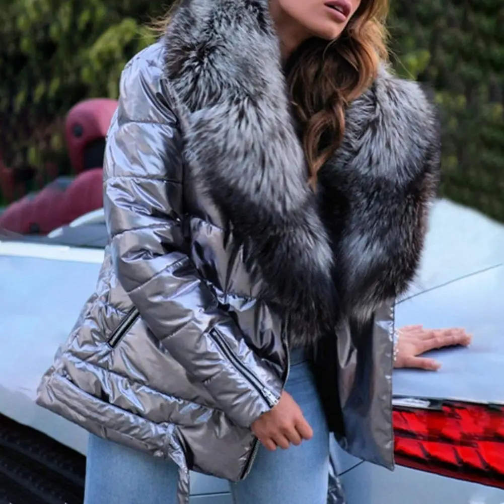 Casual Overcoat Bright Surface Women Jacket Skin-Touch Belt Great Faux Fur Collar Lady Puffer Cotton Coat