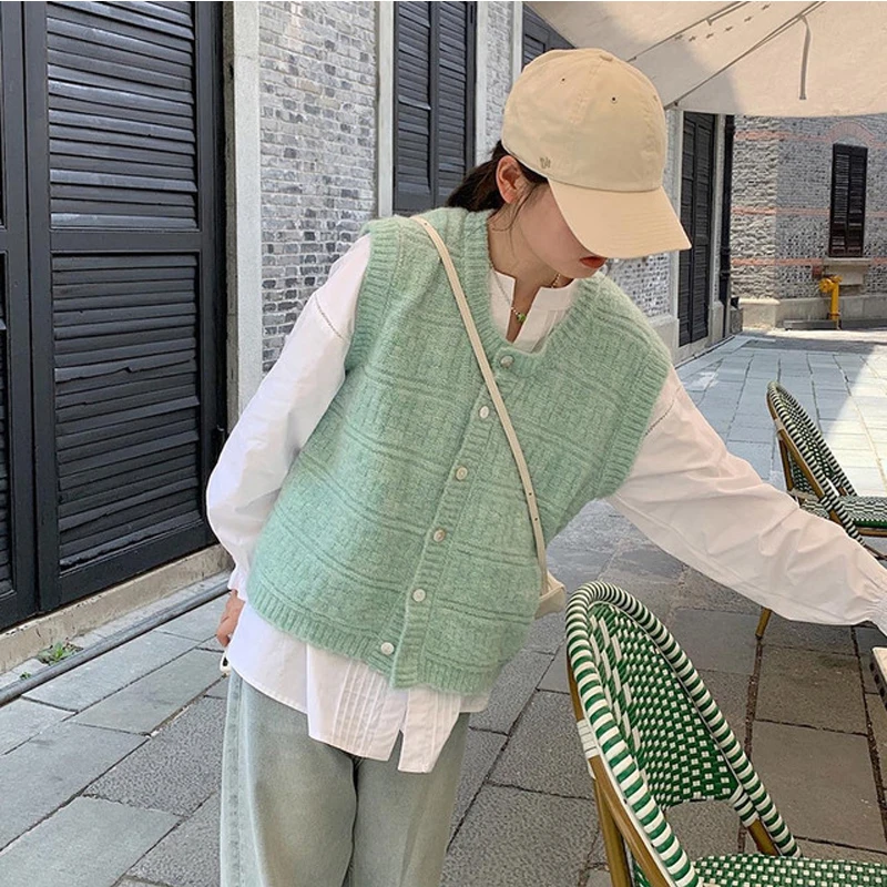 Korean Style Cardigan Mint Green Women Sweater Sleeveless Designer Knitted Garment Loose Casual Solid Knitted Vest 2021 Autumn