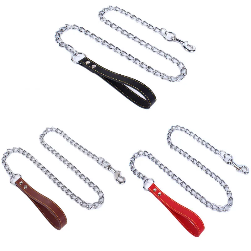 Durable Pet Dog Chain Metal Leash For Small Medium Dog PU Handle Leather Iron Chain Leash Anti-Bite Chain Dog Accessories