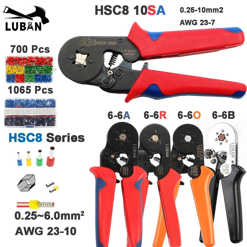 

Crimping tools pliers electrical tubular terminals box mini clamp HSC8 10S 0.25-10mm2 23-7AWG 6-4B/6-6 0.25-6mm2 16-4 tools sets