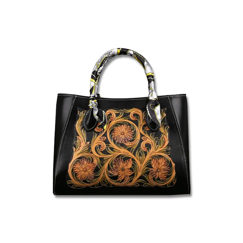 Temperament Antique Embossed Leather Fashion Women Bags Handmade Retro Cowhide High-Capacity Genuine Leather  Shoulder Bag