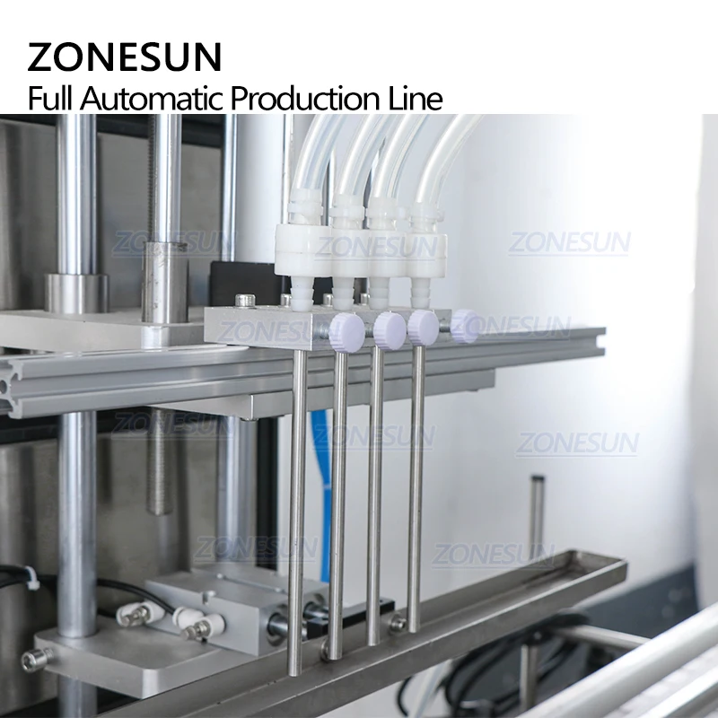 ZONESUN Fully Automatic Magnetic Pump Four Heads Juice Ink Round Bottles Filling Capping Labeling Machine Line For Production
