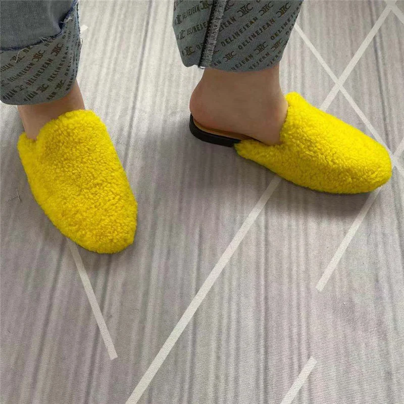 2021 New Fashion Spring Summer Women\'s Fur Mules Round Toe Lamb Wool Slippers Baotou Flat Heels Half Slippers