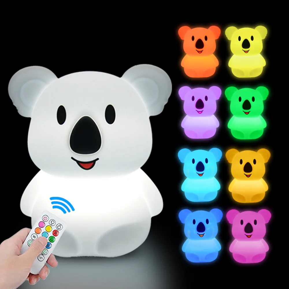 Koala LED Night Light Touch Sensor Remote Control 9 Colors Dimmable Timer Rechargeable Silicone Animal Lamp for Kids Baby Gift