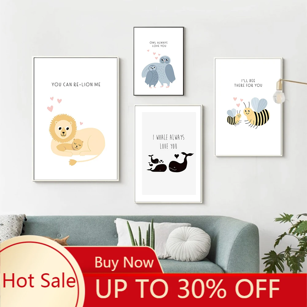 Animal's Love poster Cute Canvas Painting Picture Bee Lion Whale Bird Canvas Painting Wall Art For Children Room Kindergarten H