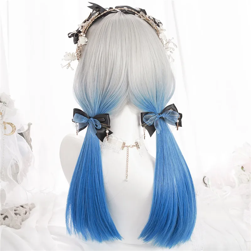 Lolita Grey Ombre Blue Wig Synthetic Long Straight Women Fluffy Wig Heat Resistant for Daily Party Cosplay