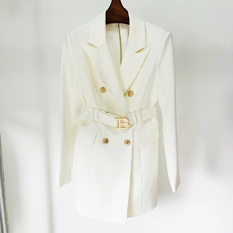 HIGH STREET แฟชั่น 2024 Designer สไตล์ผู้หญิงแขนยาว Notched COLLAR Lion ปุ่ม Double Breasted Belted Blazer Dress