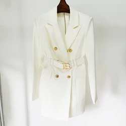 HIGH STREET Fashion 2024 Designer Style Women Long Sleeve Notched Collar Lion Buttons Double Breasted Belted Blazer Dress