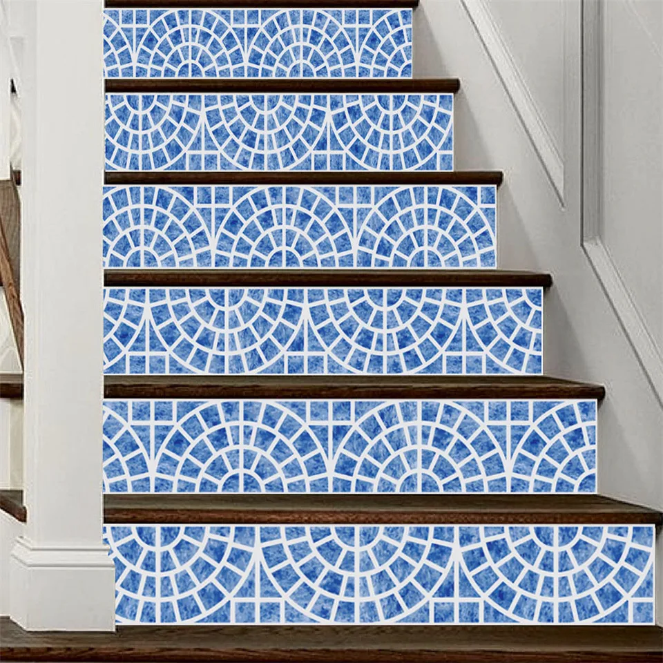 6pcs/set Mosaic Tile Style Stairs Decorative Stickers Corridor Staircase Mural Self Adhesive Decals For Home DIY Decor