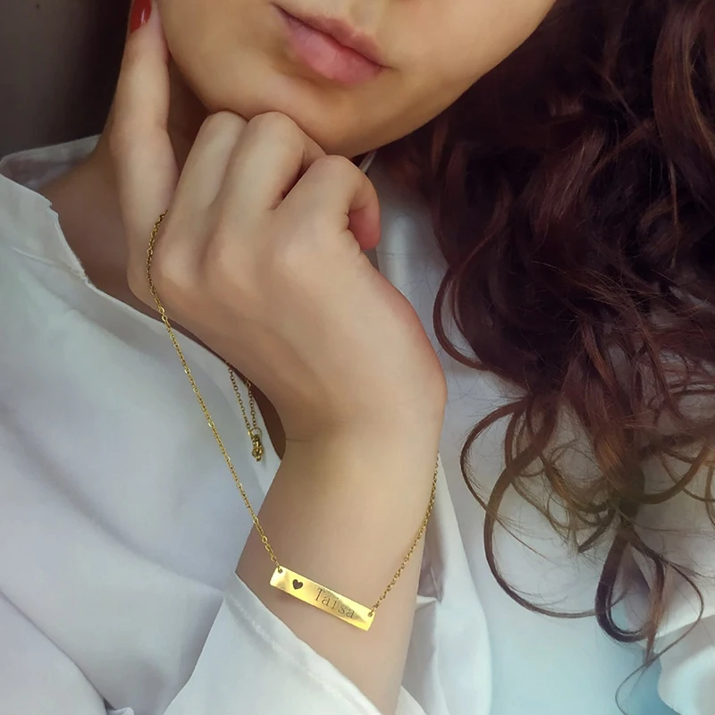 رمز النقش شخصية مربع بار مخصص اسم قلادة الفولاذ المقاوم للصدأ قلادة قلادة الذهب 3 ألوان النساء/الرجال هدية مخصصة