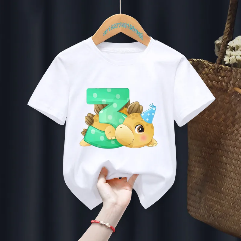 Cute Cartoon Dinosaur Birthday Number 1-10th Fixed printing Baby Kid Customer T-shirt Children Birthday Girl Present Clothes