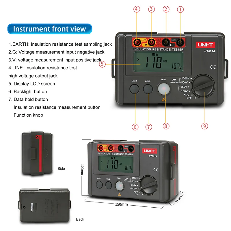 UNI-T UT501A Insulation Resistance Tester 1000V Megohmmeter 5GΩ Ohm Meter Professional Digital Ohmmeter Electrical Megometer