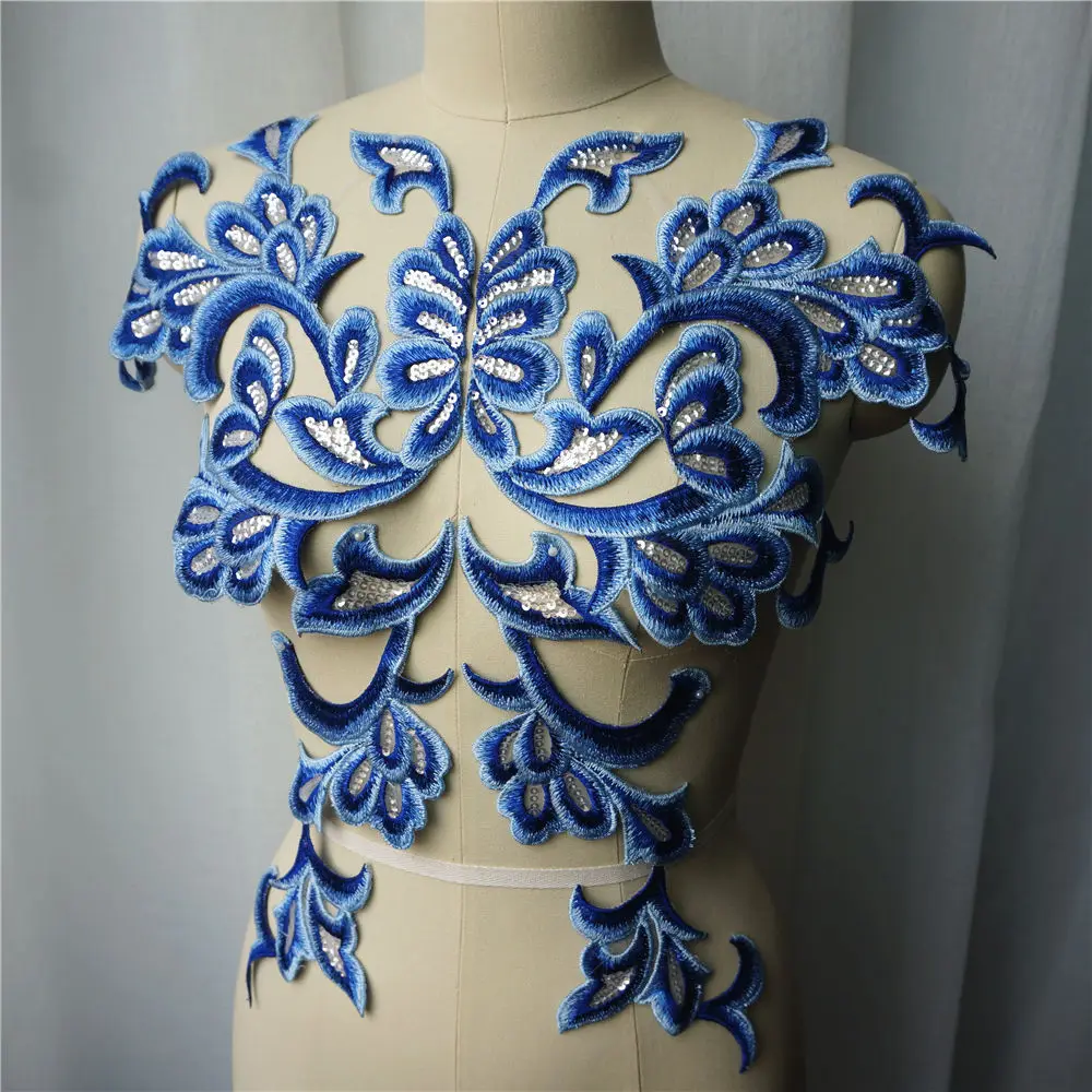 1 Set 4PCS Blue Embroidered Appliques Sequin Lace Fabric Baroque Gown Collar Sew On Patches For Wedding Decoration Dress DIY