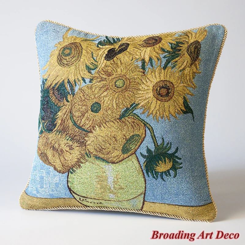 Van Gogh Tapestry Pillow Cushion Cover - Sunflowers, Jacquard Weave Home Decoration Cotton 100% Double Sided Size 45x45cm