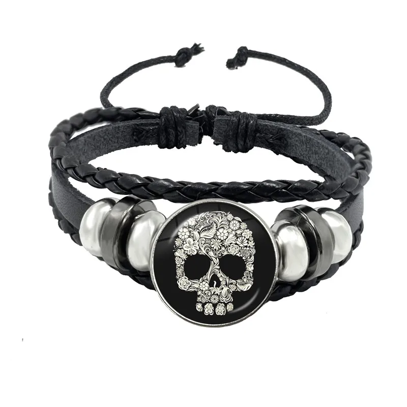 Death Day Mexican Sugar Skull Bracelet Creative Art Flower Skull Painting Handmade Glass Cabochon Punk Woven Leather Bangle