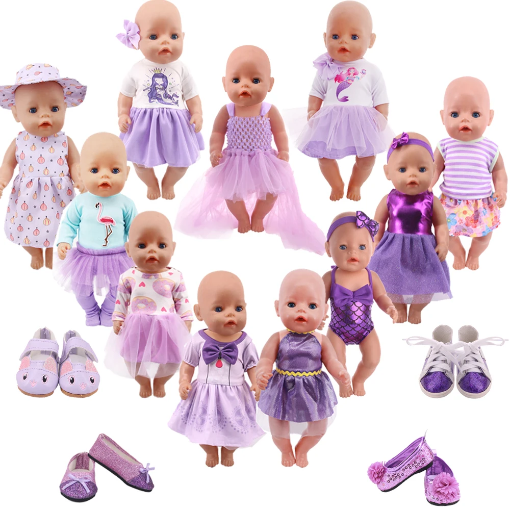 Roupas de boneca maiô roxo, saia estilingue, sapatos de gatinho para 18 Polegada menina americano & 43cm acessórios de boneca de bebê renascido, presente de geração