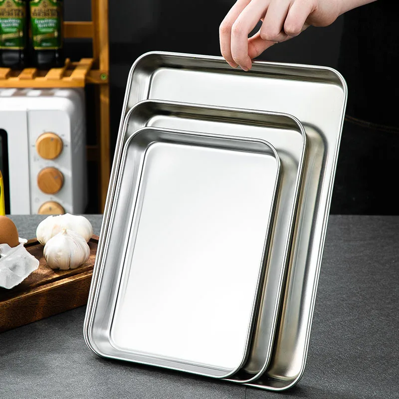 

Stainless Steel Rectangle Food Tray Steamed Sausage Noodle Storage Pans Fruit Vegetables Plate Kitchen Baking Pastry Dish