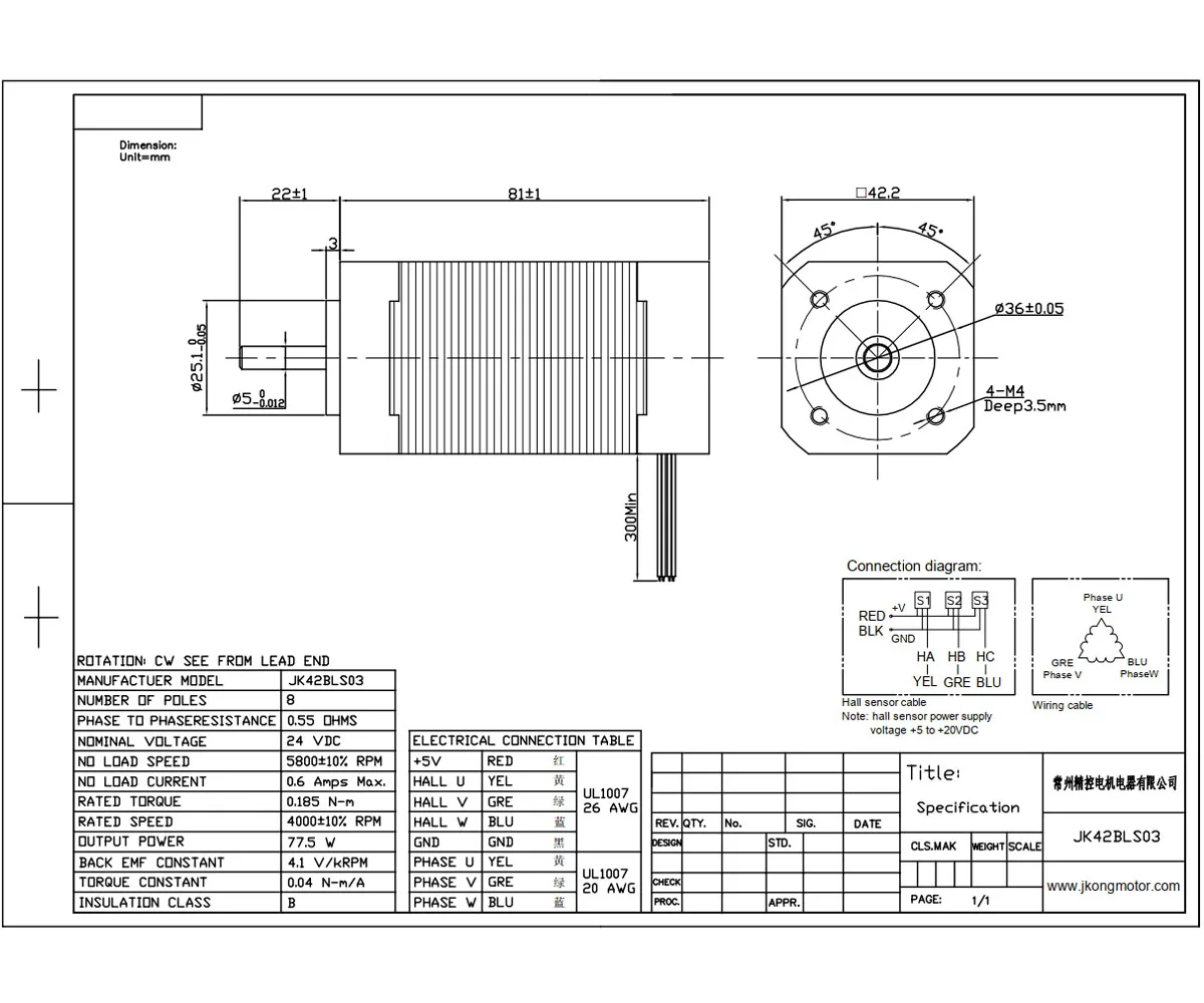 Jkongmotor 42BLS03 BLD120 bezszczotkowy silnik prądu stałego 4.8A 77.5W 24V 4000 obr./min 42 silnik BLDC z czujnik halla do maszyn włókienniczych