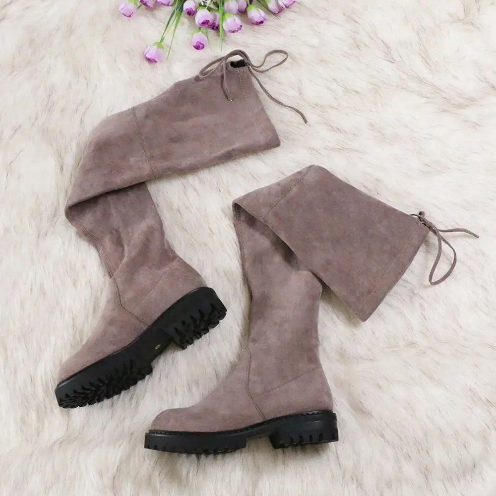 QUTAA 2021 Over The Knee Boots Stretch Flock Lace Up Casual Long Boots Square Heel Autumn Winter Round Toe Women Shoes Size34-43