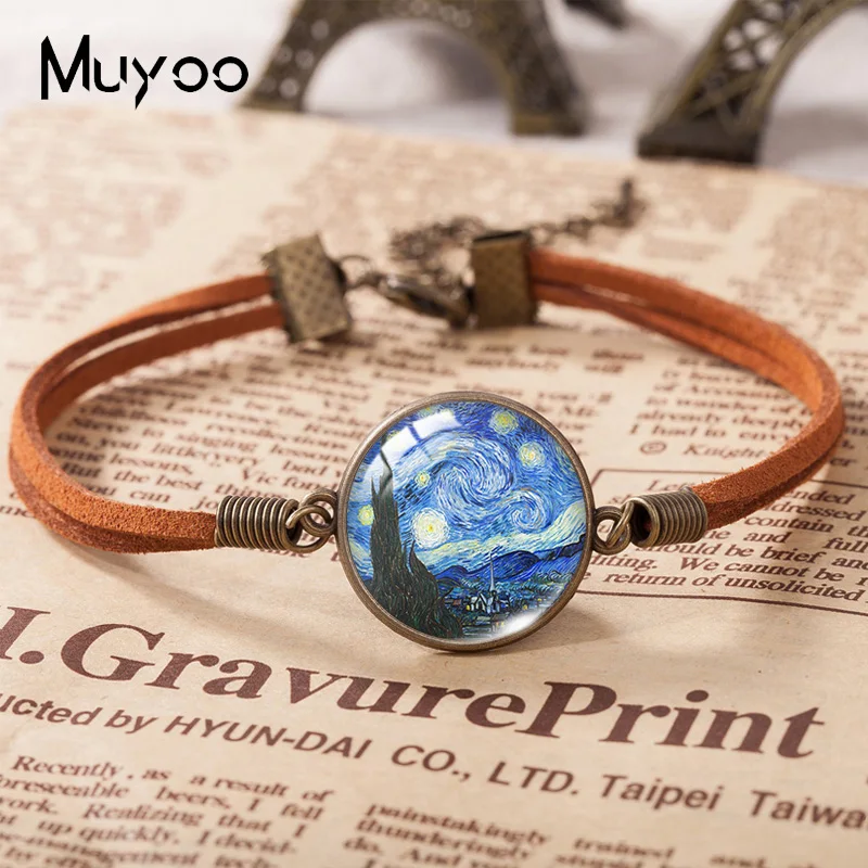 2021 New Van Gogh notte stellata pittura bracciale in pelle Art Glass Dome Photo bracciali gioielli fatti a mano per le donne