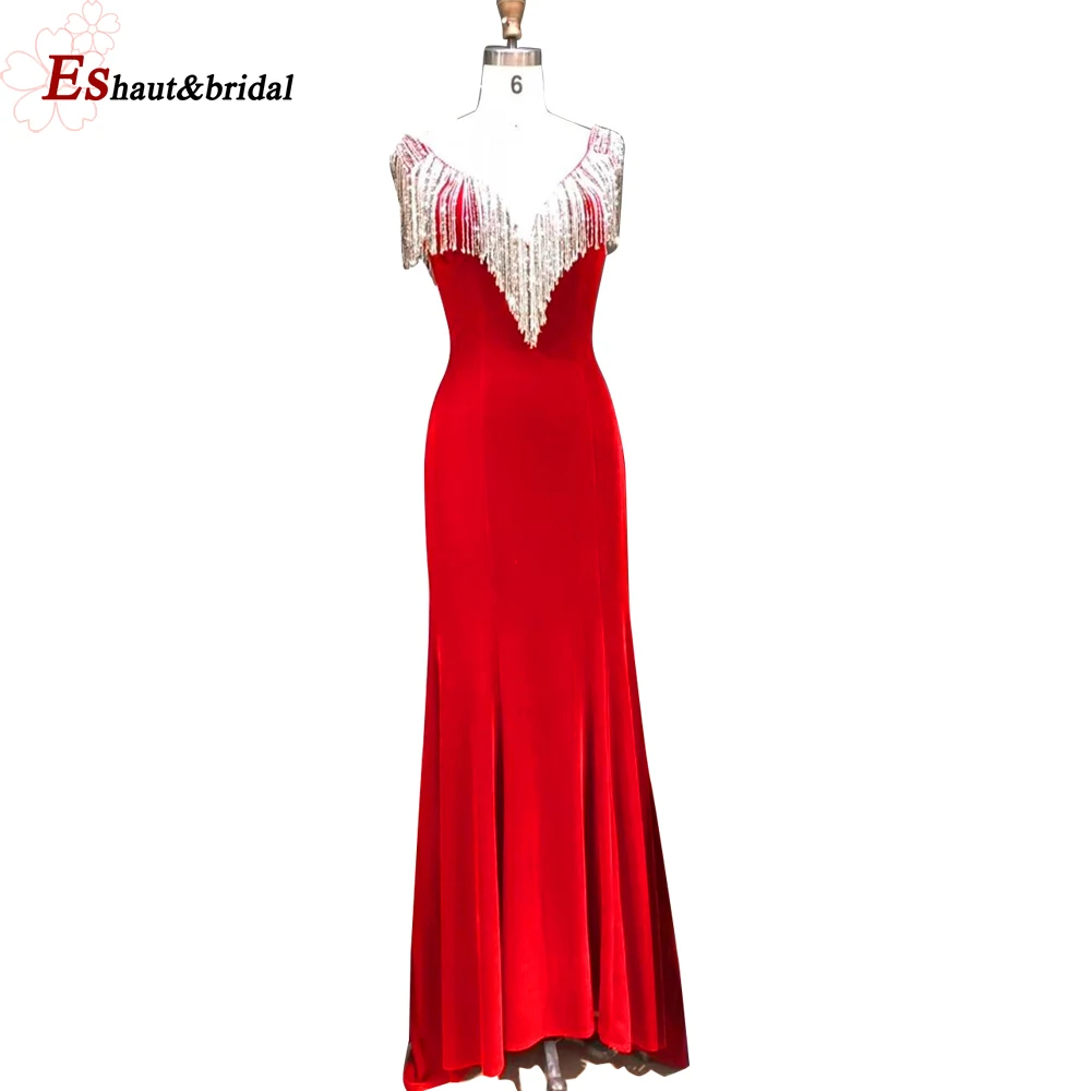 Vestido de noche de sirena con cuello en V para mujer, elegante vestido de noche con cuentas de cristal, borlas de terciopelo, largo, Formal, para fiesta de graduación y boda, 2023