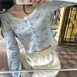 Frauen Strickjacke Süße Crop Top Design Patchwork Spitze Floral Sanfte Studenten Alle-spiel Retro Einreiher Koreanische Stil Chic ins