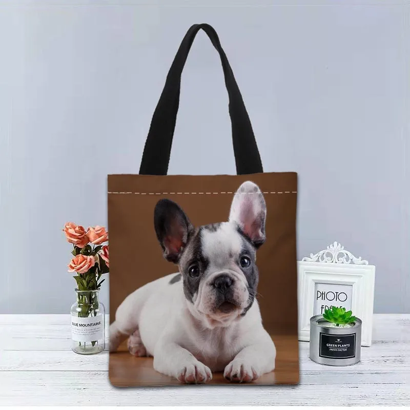 

Custom Bulldog Tote Bag Canvas Fabric Handbag Two Sides Printed Shopping Bags Traveling Casual Useful Shoulder Bag 1208