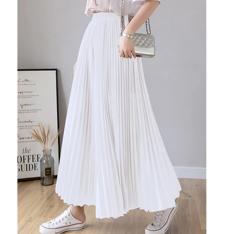 Summer New Thin Chiffon Pleated Wide-leg pants Women's Black White High waist Elastic Loose Solid Casual Beach Ladies Culottes